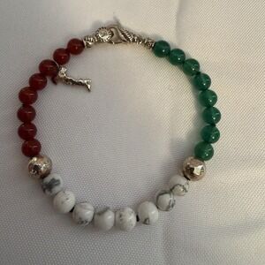 JAI Sterling Silver Red Green White Marble Beaded Italy Bracelet 7.5"